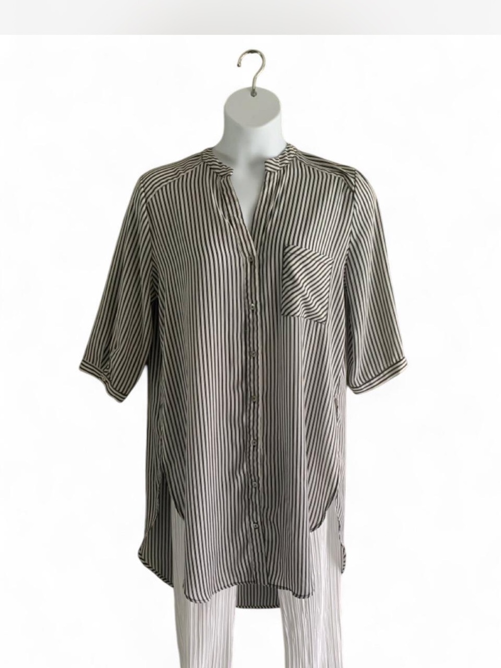 Meraki Striped charcoal gray and White Button-Up women’s  tunic/coverup size XL
